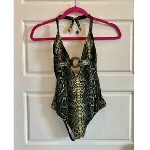 Vintage Applauzi One piece snakeskin print swimsuit with wood ring detail Small